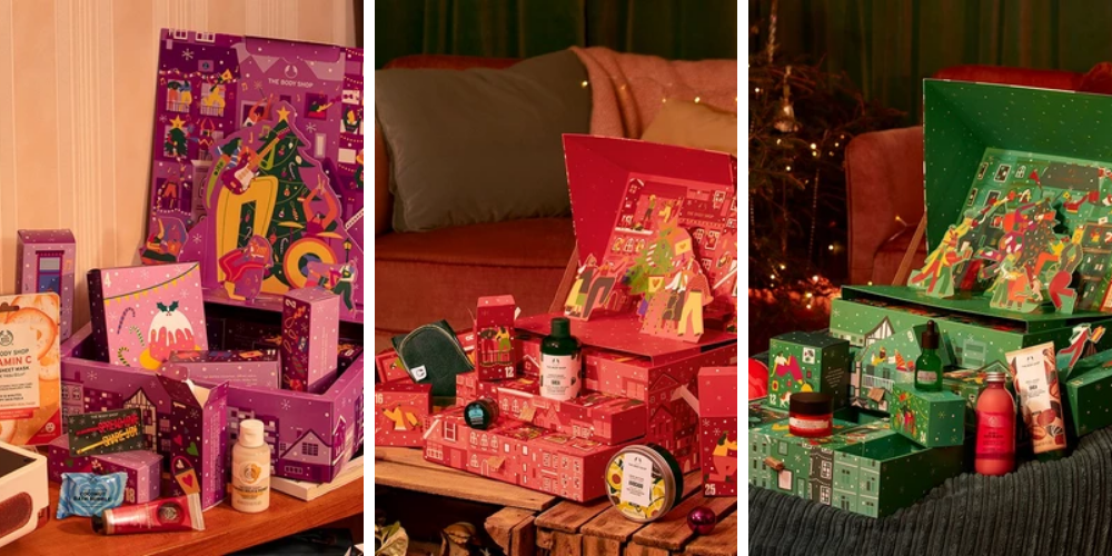 Illustration des 3 calendriers de l'avent the Body Shop violet, rouge et vert