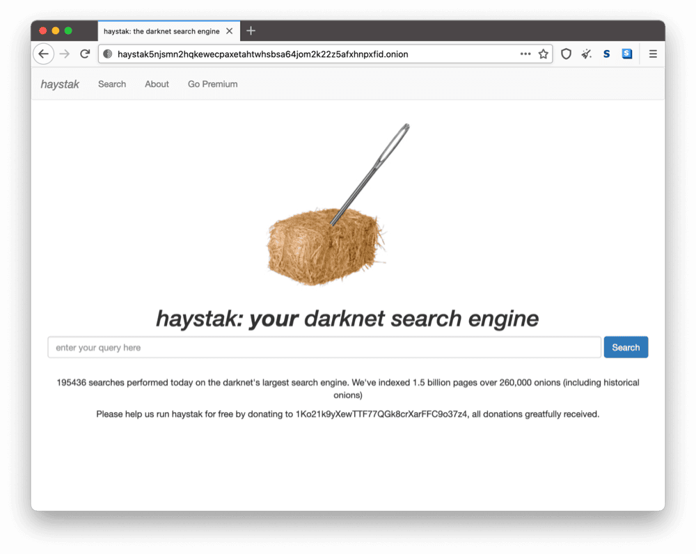 Haystakのダークウェブ上のオニオンサイト