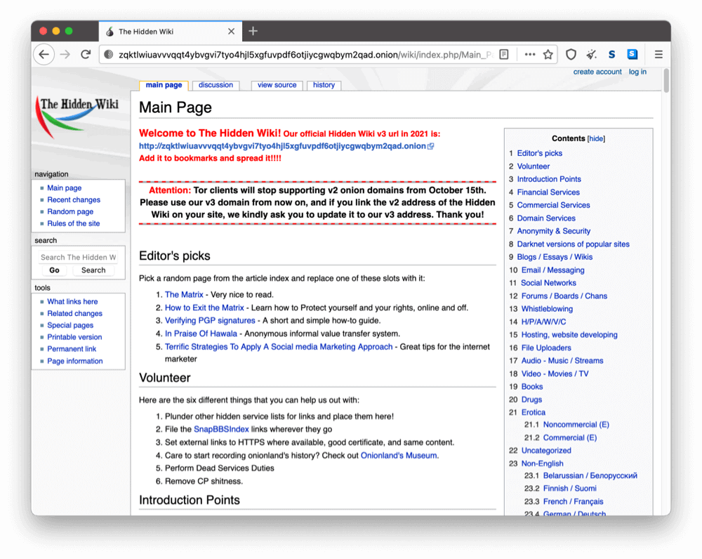 秘められたWikiのダークウェブ上のオニオンサイト