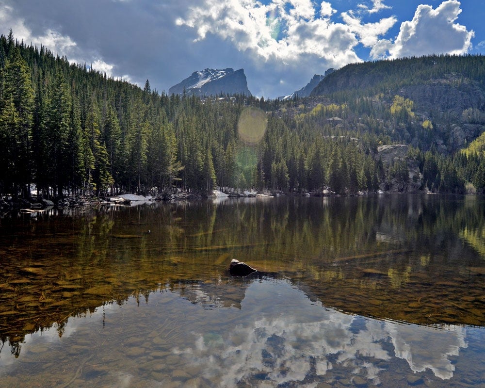 Reflection of pine trees and mountains at Bear Lake