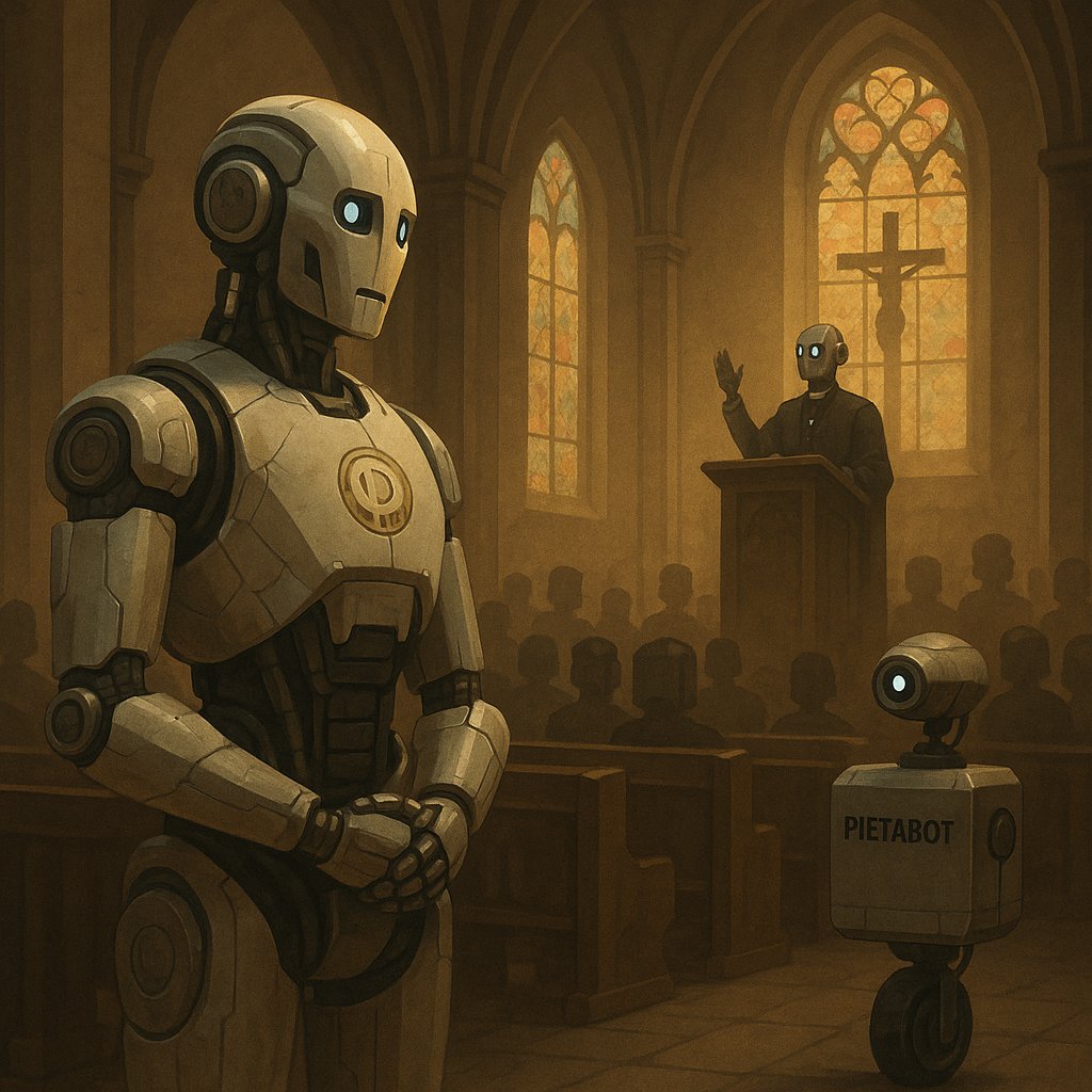 Humanoidalny robot w kościele słuchający kazania innego robota.