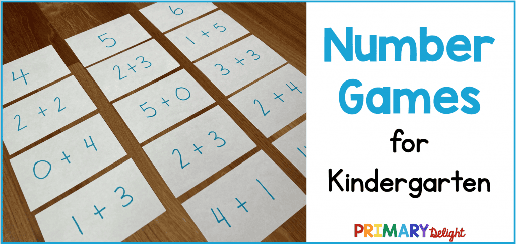 Photo of index cards with simple addition facts. Text says "Number Games for Kindergarten."