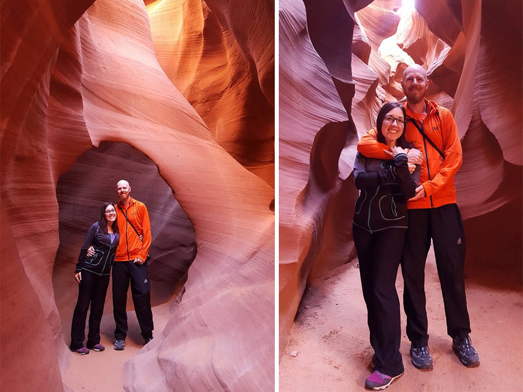 Brooke and Buddy posing for photos in Lower Antelope Canyon that their tour guide took for them