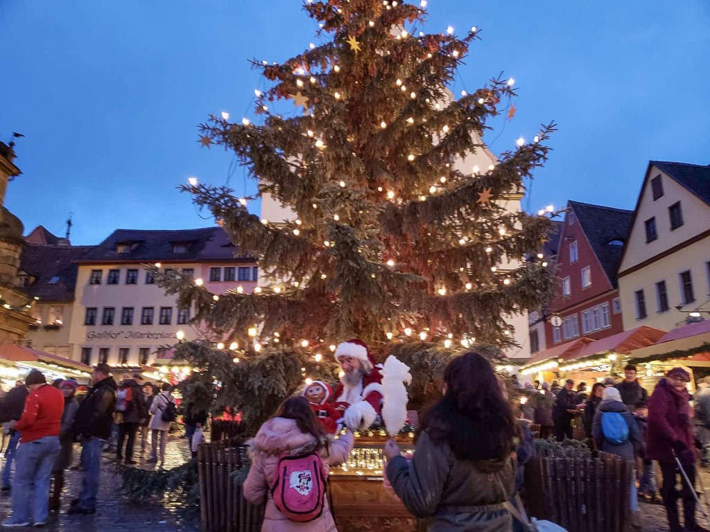 christmas tree and santa at rothenburg christmas markets in germany
