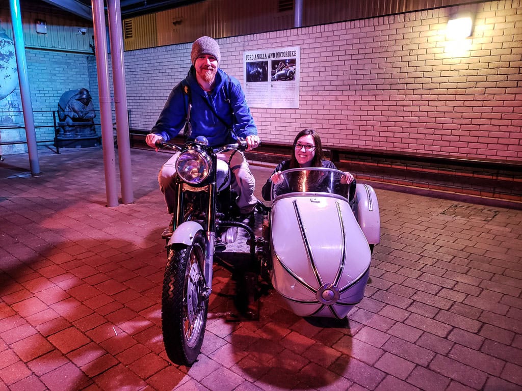 visiting the filming set for Harry Potter and sitting in Hagrid's side car motorcycle