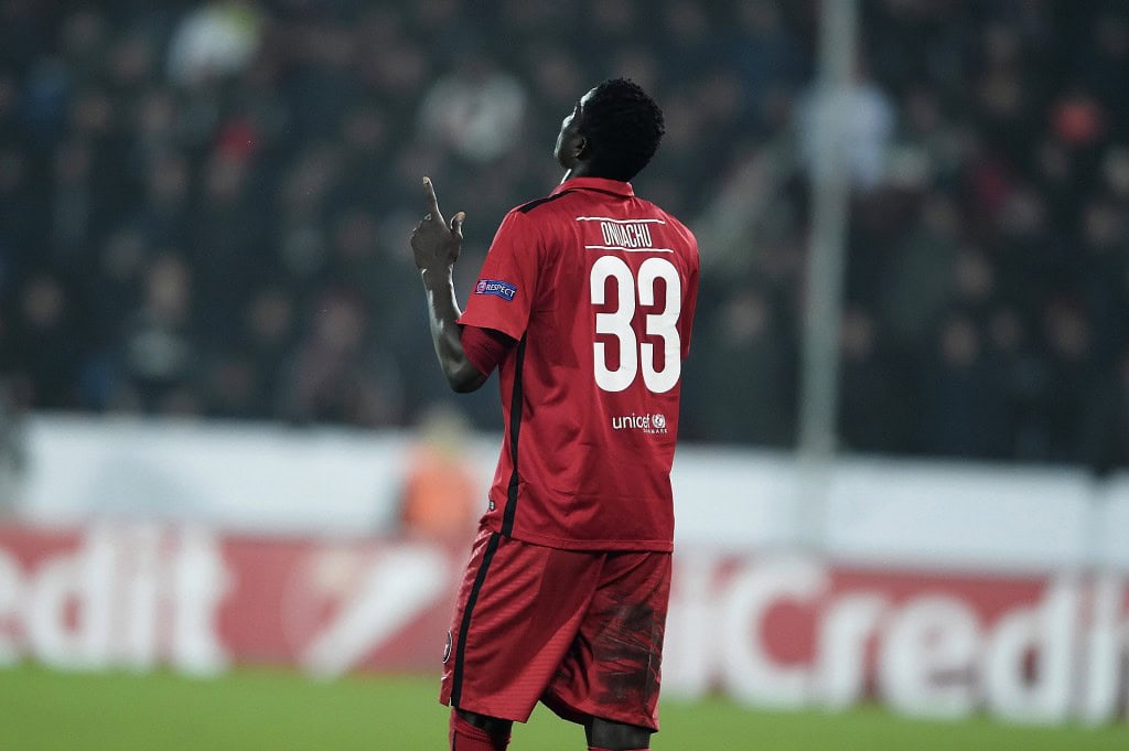 epa05169224 FC Midtjylland's Paul Onuachu celebrates after scoring the 2-1 goal during the UEFA Europa League soccer match between FC Midtjylland and Manchester United in Herning, Denmark, 18 February 2016. EPA/HENNING BAGGER DENMARK OUT