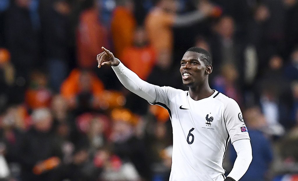France's midfielder Paul Pogba gestures at the end of the FIFA World Cup 2018 qualifying football match between the Netherlands and France at the Arena Stadium in Amsterdam on October 10, 2016. / AFP / FRANCK FIFE (Photo credit should read FRANCK FIFE/AFP/Getty Images)