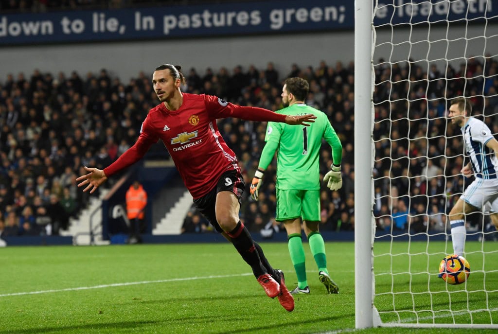 WEST BROMWICH, ENGLAND - DECEMBER 17: Zlatan Ibrahimovic of Manchester United celebrates scoring his sides first goal during the Premier League match between West Bromwich Albion and Manchester United at The Hawthorns on December 17, 2016 in West Bromwich, England. (Photo by Stu Forster/Getty Images)