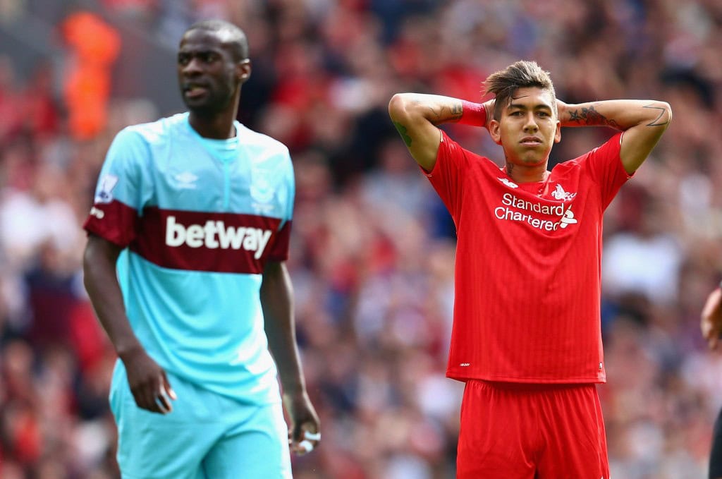LIVERPOOL, ENGLAND - AUGUST 29: Roberto Firmino of Liverpool rues a missed opportunity during the Barclays Premier League match between Liverpool and West Ham United at Anfield on August 29, 2015 in Liverpool, United Kingdom. (Photo by Clive Mason/Getty Images)