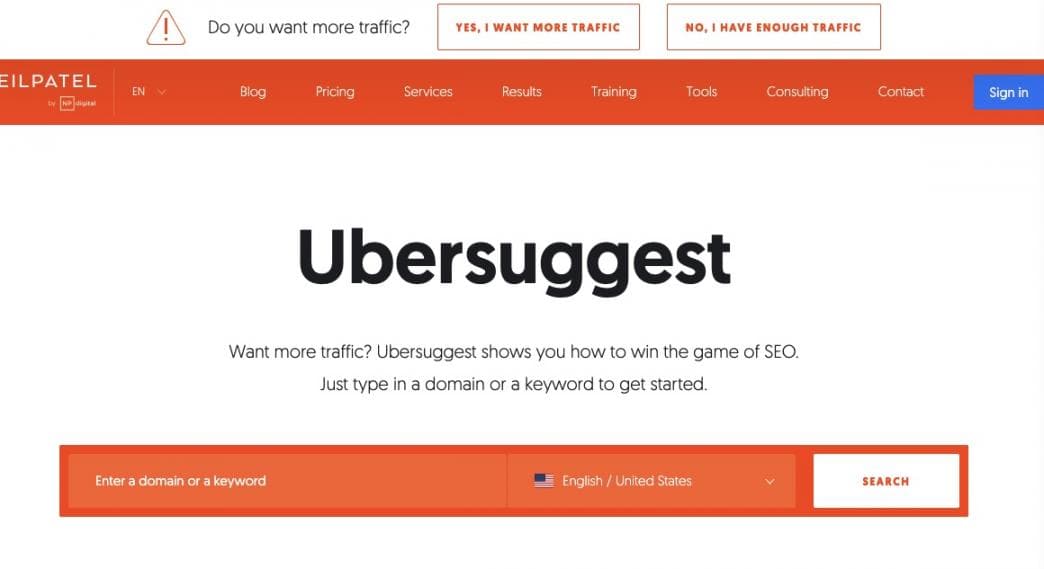 Ubersuggest homepage