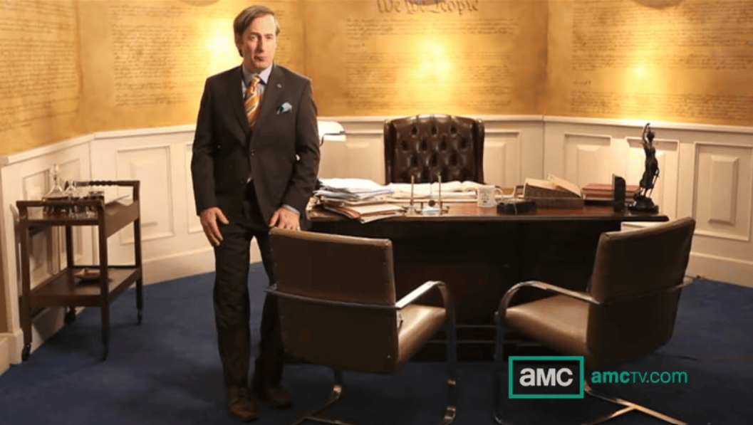 Saul Goodman at office desk linking to YouTube video