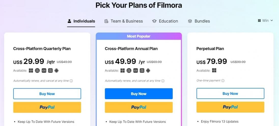 Wondershare Filmora pricing