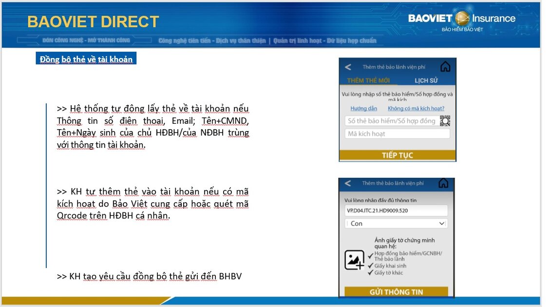 Thao tác đồng bộ thẻ bảo hiểm với tài khoản BaoViet Direct
