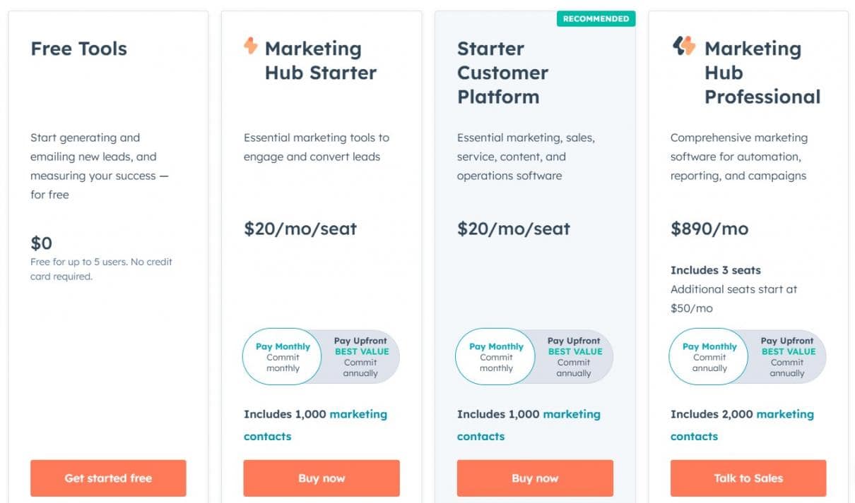 HubSpot Pricing - individuals small teams