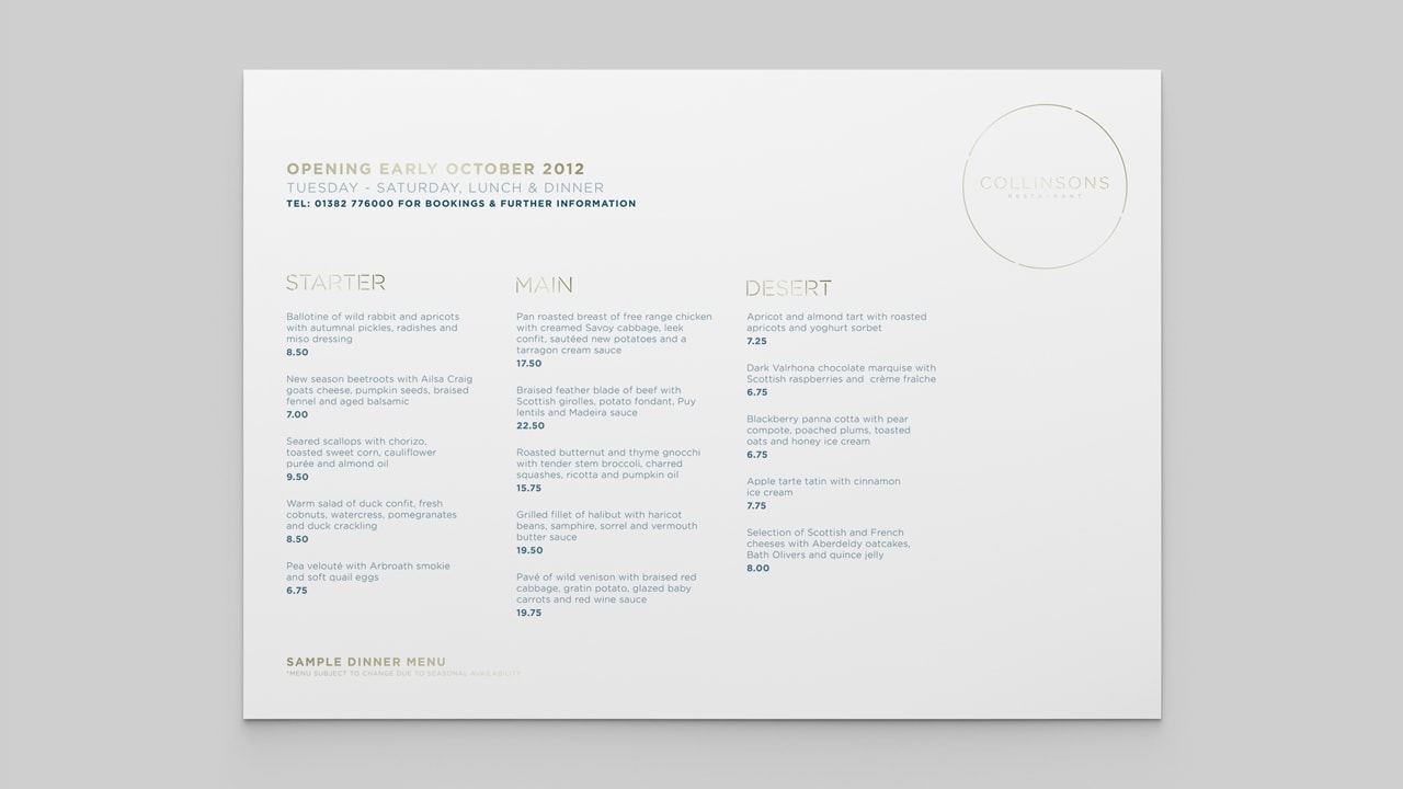 Collinsons Restaurant - Menu Design