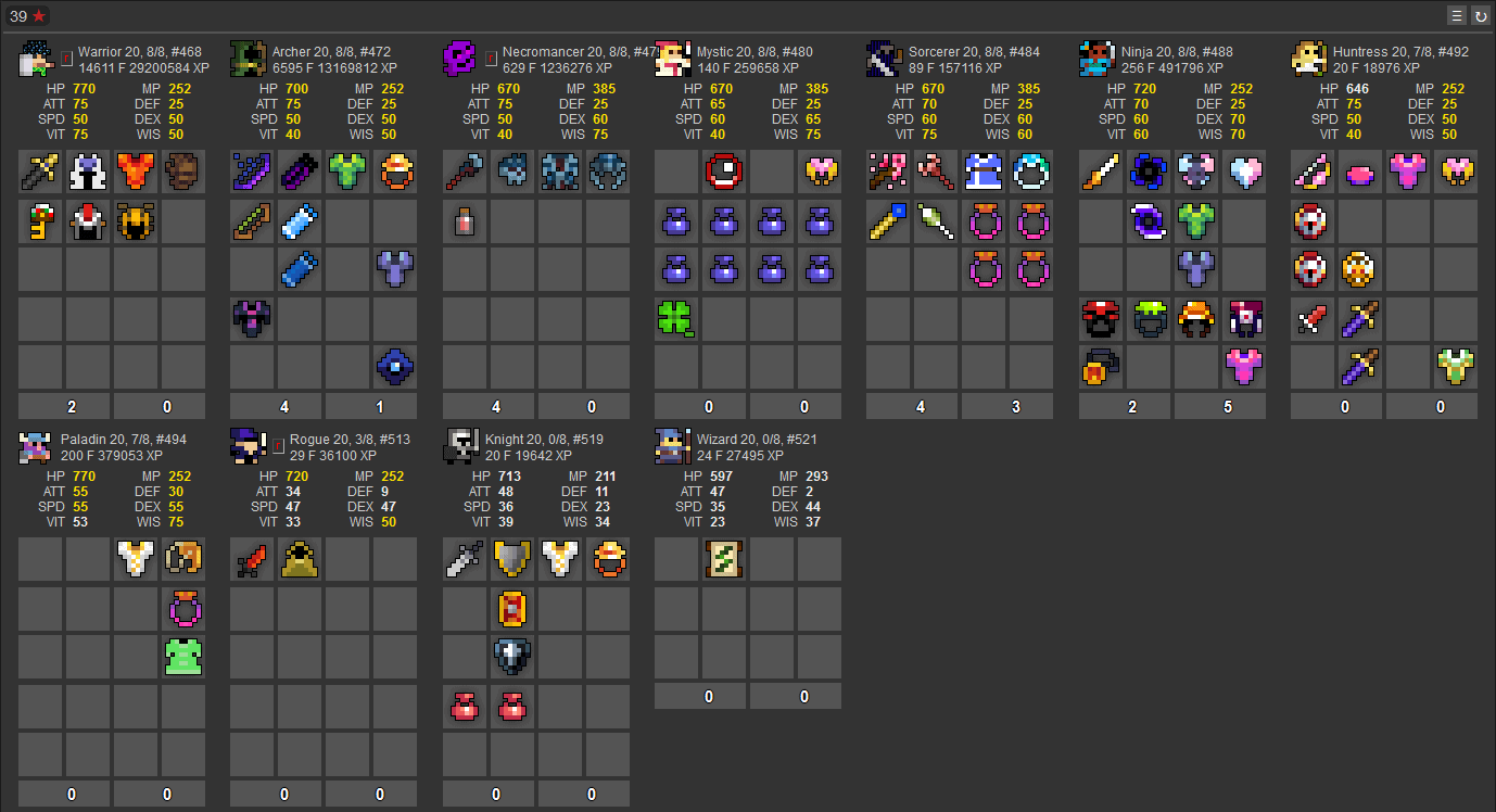 Rotmg Account 5 Charteres 8/8 + Divine Pet H93 MH88 El75 Realm shop