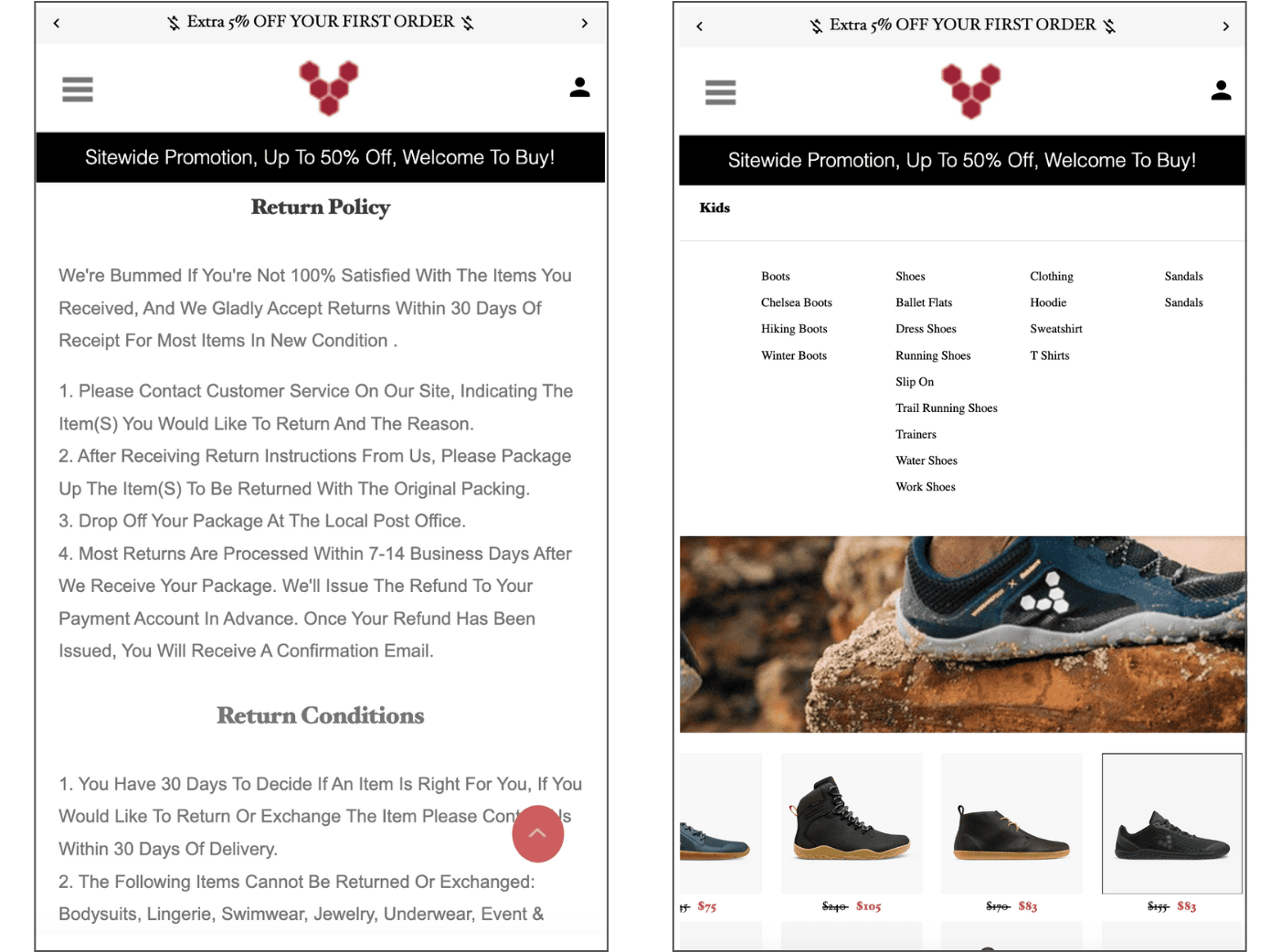 Sites de compras falsos: exemplo da Vivobarefoot de política de privacidade e mapa do site