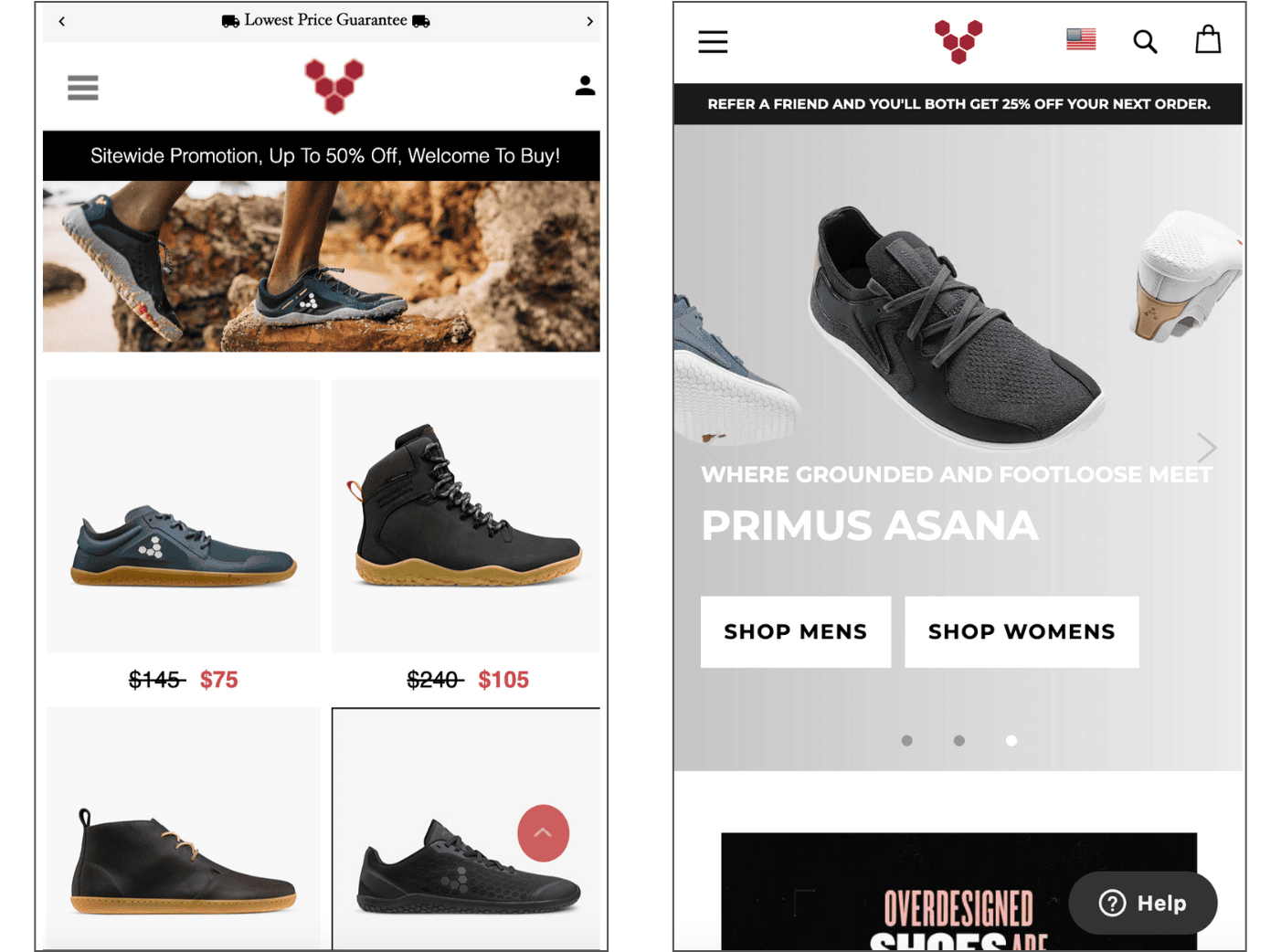 Sites de compras falsos: exemplo de página inicial do Vivobarefoot