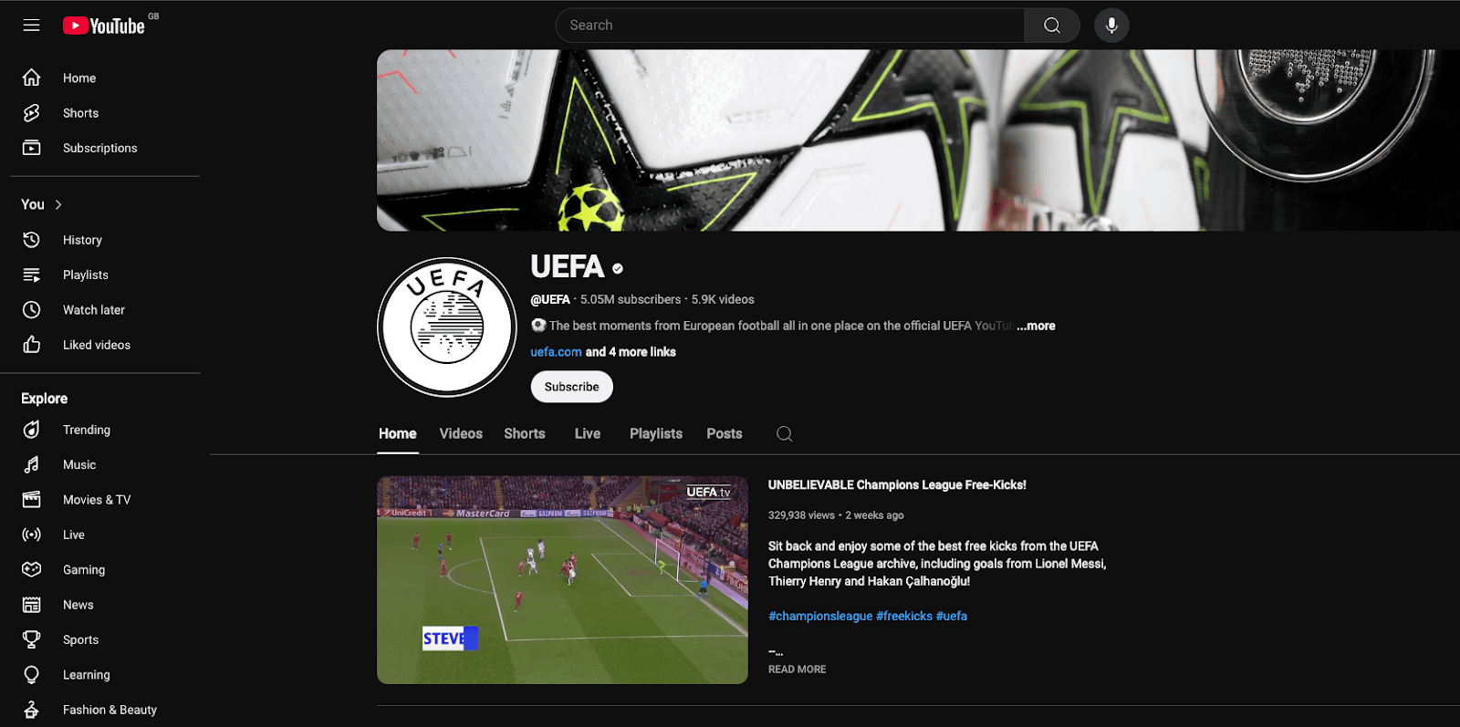 Screenshot of the official UEFA YouTube channel
