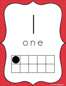 Image of a number poster with a red border, the numeral 1, the number word 1 and a ten-frame showing one dot.