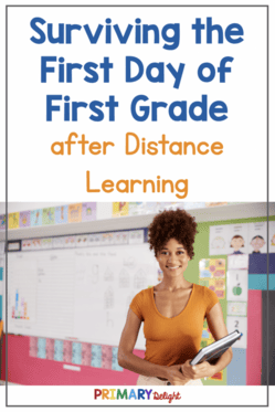 Photo of a young teacher in front of her classroom. Text says: How to Survive the First Day of First Grade (after Distance Learning)