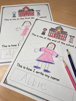 Photos from first day of school and end of year to show growth in a student's writing and drawing skills.