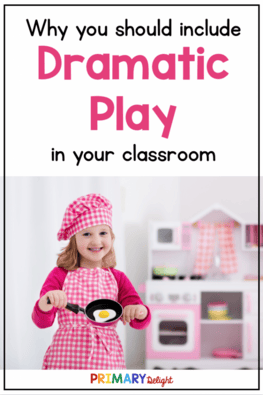 Text says: Why you should include dramatic play in your classroom. Photo of girl playing in a pretend kitchen.