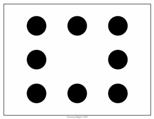 Image of a subitizing card with dot patterns showing a 3X3 grid of dots, with the center one missing.