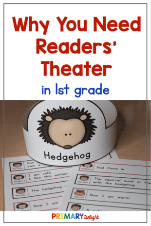 Text says: Why You Need Readers' Theater in 1st grade. Photo shows a readers' theater script with a headband for the character of Hedgehog (from The Mitten.)