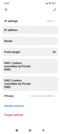 The IP Settings page on an Android phone, showing the options to change DNS 1 and DNS 2 servers.
