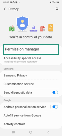 Image showing Android Permission manager.