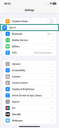 The Settings page of an iOS device, showing the Wi-Fi option.