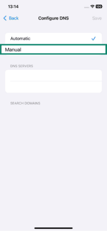 The Configure DNS menu of an iOS device, showing the option to switch to manual DNS settings.