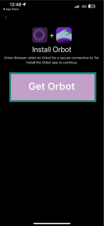 The Onion Browser app, inviting the user to download Orbot.