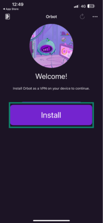 The Onion Browser app with the Install button highlighted.