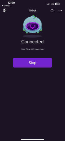 The Orbot app, showing that a connection has been established.