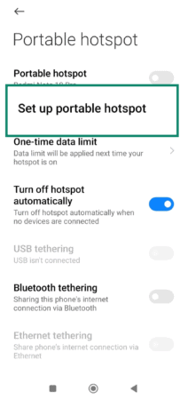 Android Portable hotspot settings screen with Set up portable hotspot option highlighted