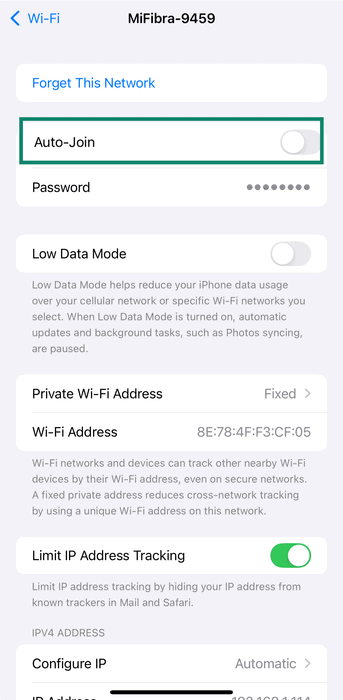 iOS screen showing Auto-Join unchecked