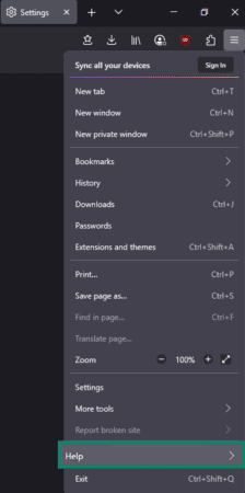 Firefox menu with the Help button highlighted.