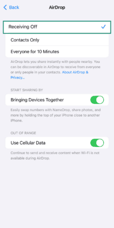 iOS screen showing Receiving off option.