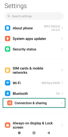 Connection & sharing setting on Android.