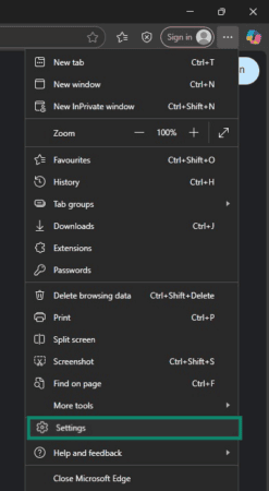 Edge menu with the Settings button highlighted.
