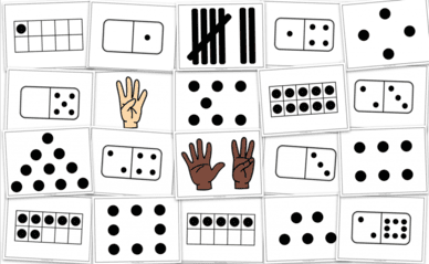 Photo of small playing cards showing numbers represented in different ways (ex: fingers, dominoes, dot patterns and ten frames.)