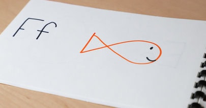 Photo of one student's personalized alphabet book. The page shows the letter Ff and a quick drawing of a fish.