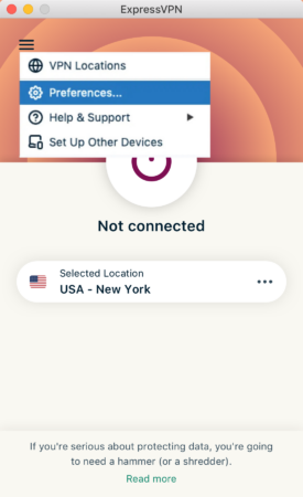 The menu of the ExpressVPN Mac client, showing the Preferences button highlighted.