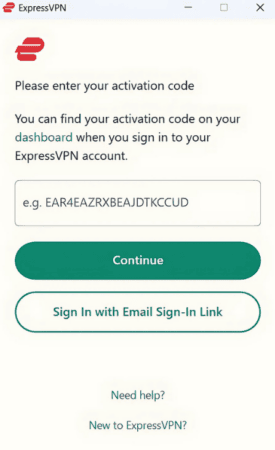 ExpressVPN setup window prompting the user to enter an activation code.
