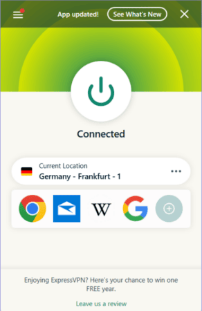 ExpressVPN connected panel, showing Connected status