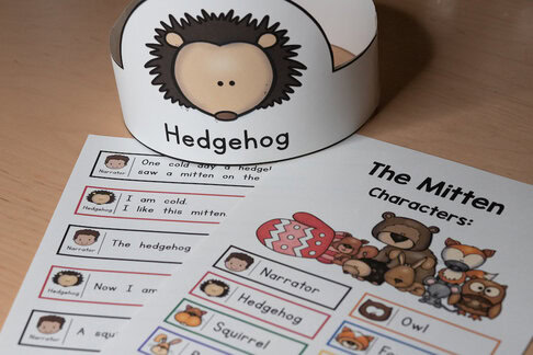 Photo of a script for The Mitten Readers Theater - shows script and a character headband for a hedgehog.