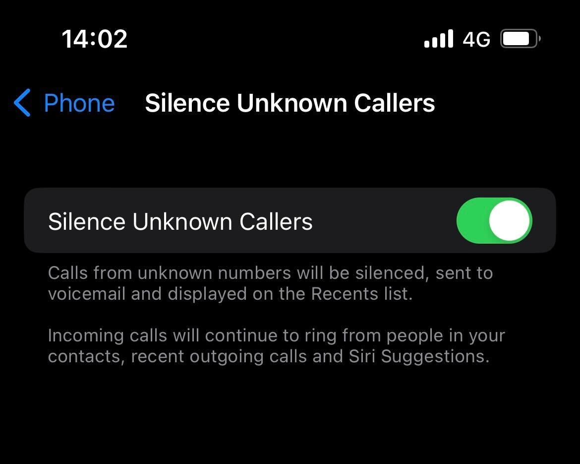 Silence Unknown Callers Toggle