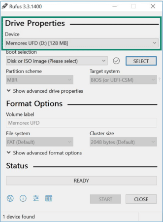 Rufus interface showing USB drive selection